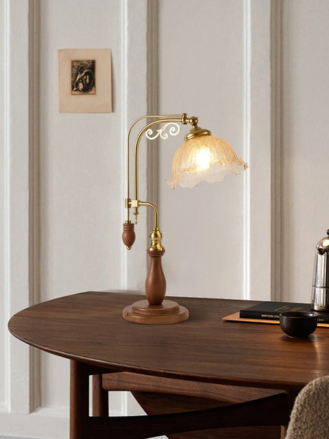 Walnut Floor Lamp with Fabric Shade with Rounded Wood Base and Shade