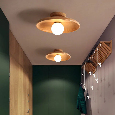 Round Wood Ceiling Light with Exposed Globe for Warm Interiors