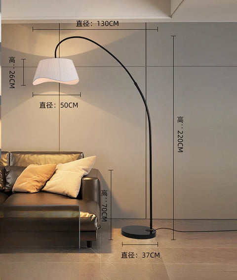 Arched Floor Lamp with Fabric Shade with Arched Stem and Broad Shade
