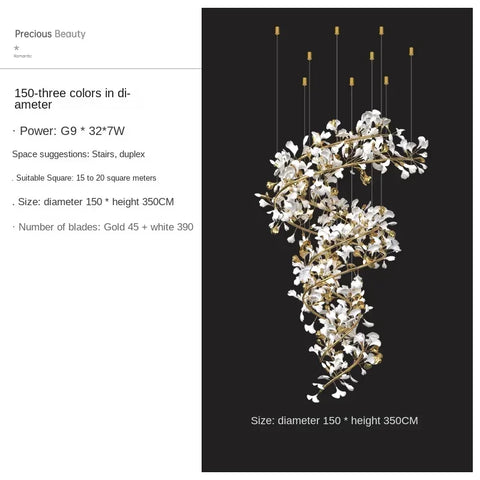 Porcelain Ginkgo Chandelier with Porcelain Leaf Cluster