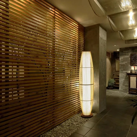 Woven Bamboo Floor Lamp with Woven Tapered Lantern in Bamboo and Iron