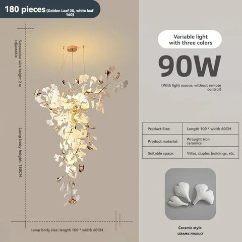 Porcelain Ginkgo Chandelier with Porcelain Leaf Cluster