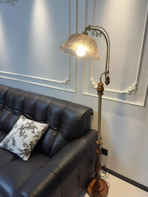 Walnut Floor Lamp with Fabric Shade with Rounded Wood Base and Shade