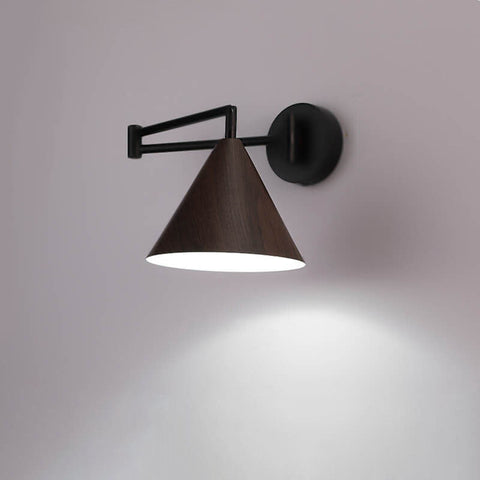 Swing Arm Wall Sconce with Wood-Grain Cone Shade for Bedrooms