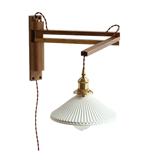 Retractable Wood Wall Sconce with Ribbed Glass Shade for Reading