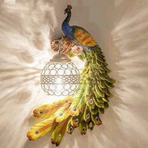 Peacock Wall Sconce with Crystal Globe and Resin Detail for Interiors