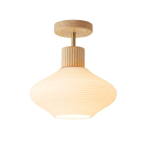 Modern Semi-Flush Ceiling Light with Walnut Wood and Glass Shade