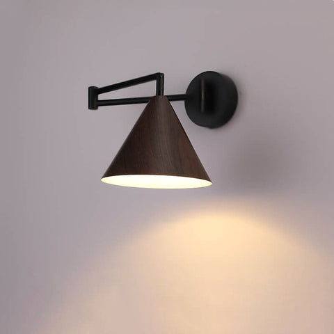 Swing Arm Wall Sconce with Wood-Grain Cone Shade for Bedrooms