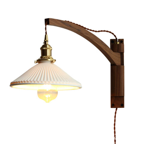Retractable Wood Wall Sconce with Ribbed Glass Shade for Reading