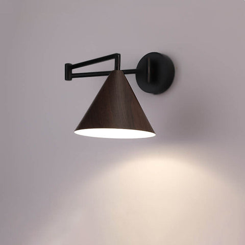 Swing Arm Wall Sconce with Wood-Grain Cone Shade for Bedrooms
