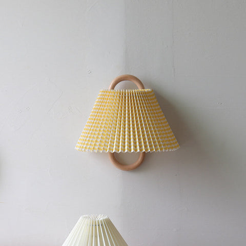 Pleated Wood Wall Sconce with Semicircular Fabric Shade for Bedrooms