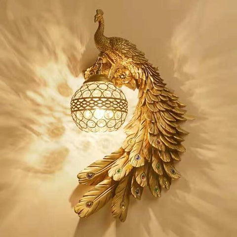 Peacock Wall Sconce with Crystal Globe and Resin Detail for Interiors