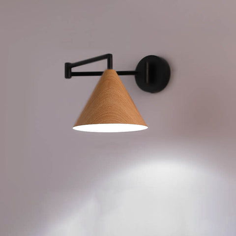 Swing Arm Wall Sconce with Wood-Grain Cone Shade for Bedrooms