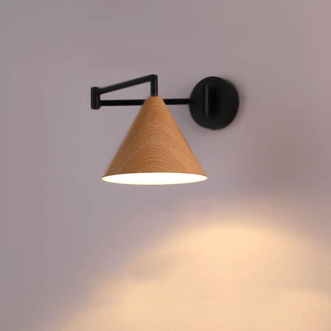 Swing Arm Wall Sconce with Wood-Grain Cone Shade for Bedrooms