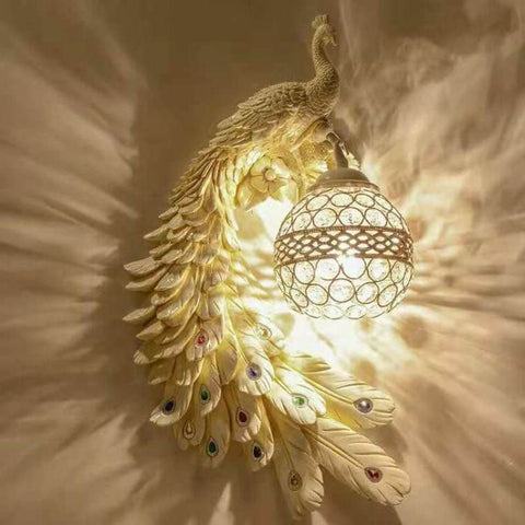 Peacock Wall Sconce with Crystal Globe and Resin Detail for Interiors