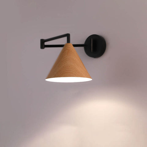 Swing Arm Wall Sconce with Wood-Grain Cone Shade for Bedrooms