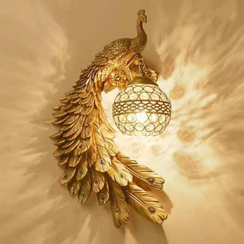 Peacock Wall Sconce with Crystal Globe and Resin Detail for Interiors