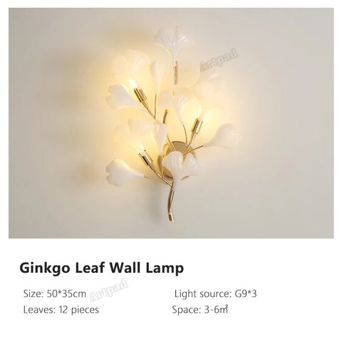 Ginkgo Branch Chandelier with Ceramic Leaf Forms in Metal and Ceramic