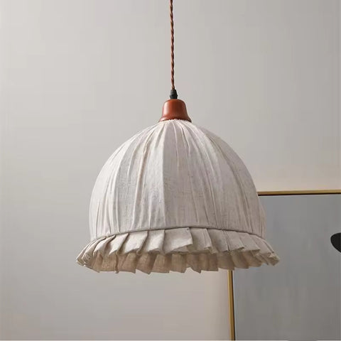 Pendant Light with Pleated Linen Dome Shade and Wood Cap