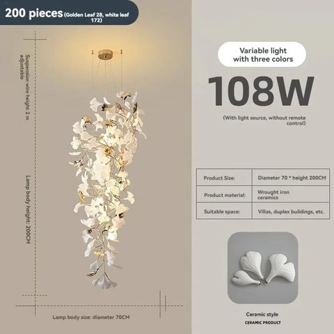 Porcelain Ginkgo Chandelier with Porcelain Leaf Cluster
