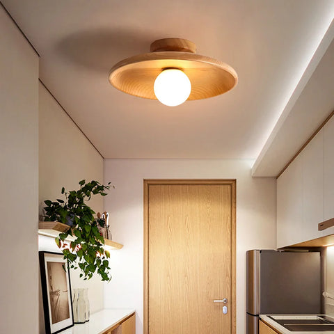 Round Wood Ceiling Light with Exposed Globe for Warm Interiors