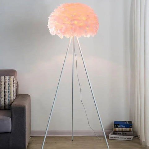 Feather Floor Lamp with Feathered Shade on Tripod in Iron and Feathers