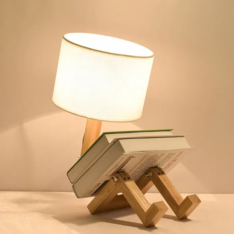 Adjustable Wooden Robot Table Lamp with Fabric Shade and Integrated Book Holder