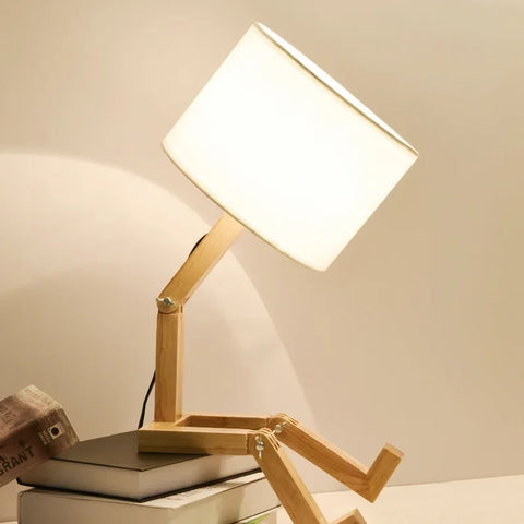 Adjustable Wooden Robot Table Lamp with Fabric Shade and Integrated Book Holder