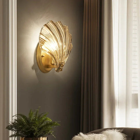 Wall Light with Brass and Glass Seashell Shade