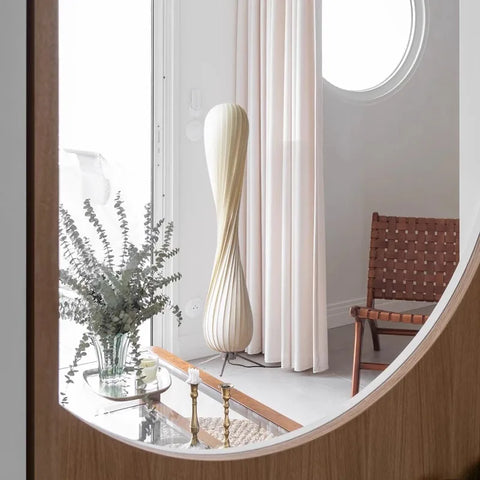 Curved Wooden Floor Lamp with Curved Stem and Shade in Wood and Iron