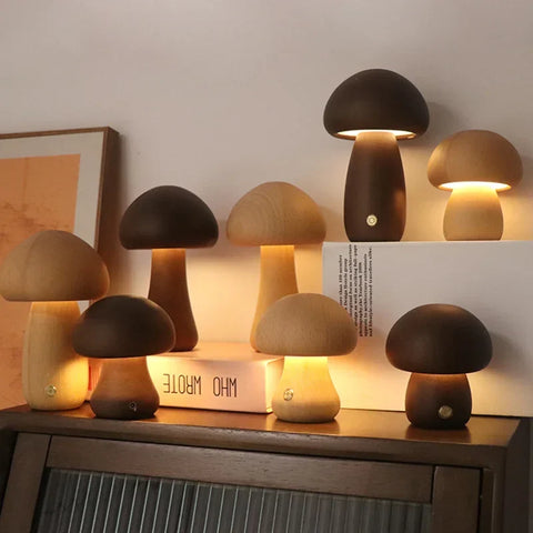 Mushroom-Shaped Wooden Table Lamp with Adjustable Brightness and USB Power