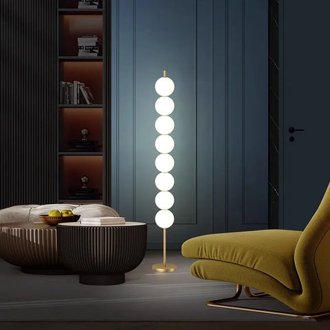Modern Orb Floor Lamp with Stacked Glowing Orbs in Iron and Glass