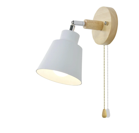 Adjustable Wooden and Metal Wall Lamp with E27 Socket and Pull Chain Switch
