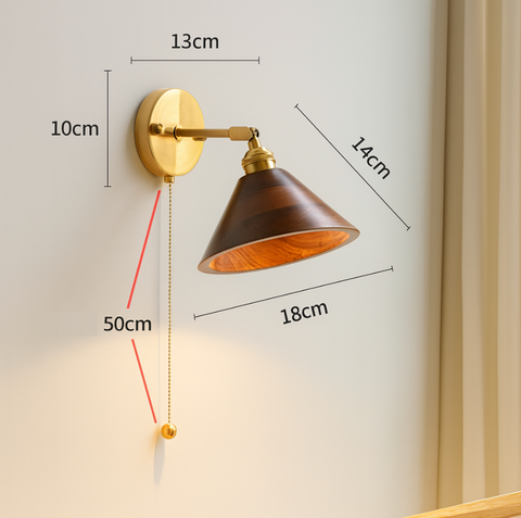 Wood and Brass Dome Wall Sconce with Vintage Hanging Detail