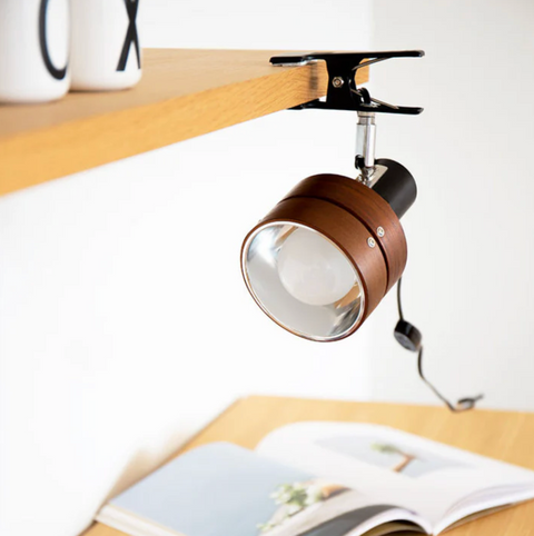 Adjustable Wood and Metal Clip-On Lamp for Reading and Home Desk Work