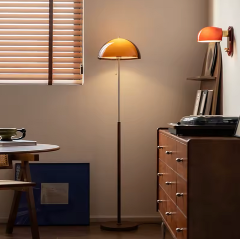 Floor Lamp with Acrylic Mushroom Shade and Retro Wood Base
