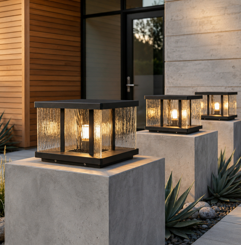 Pillar Light with Textured Glass Panels and Square Metal Frame