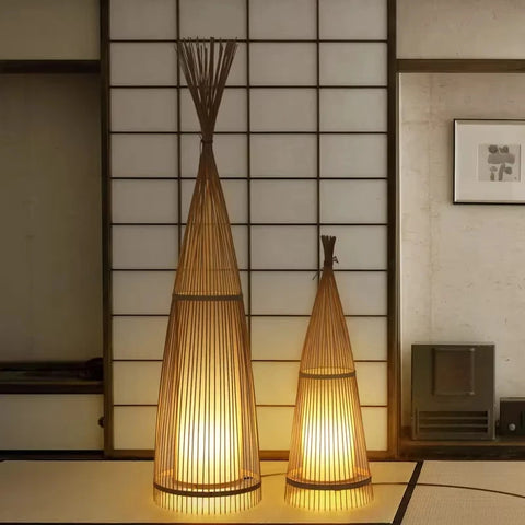 Woven Bamboo Floor Lamp with Woven Tapered Lantern in Bamboo and Iron