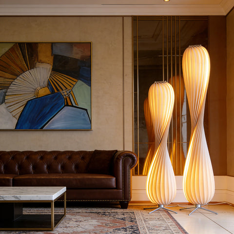 Curved Wooden Floor Lamp with Curved Stem and Shade in Wood and Iron