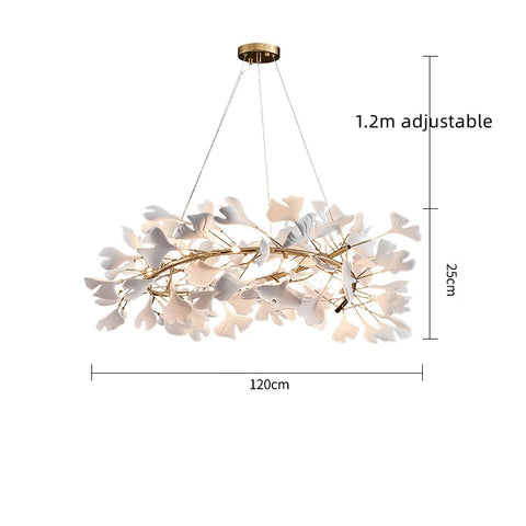 Ginkgo Branch Chandelier with Ceramic Leaf Forms in Metal and Ceramic