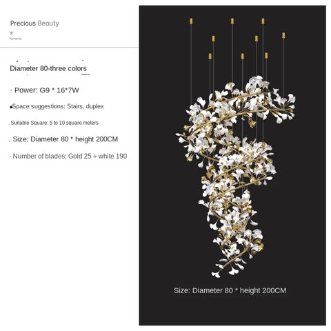 Porcelain Ginkgo Chandelier with Porcelain Leaf Cluster