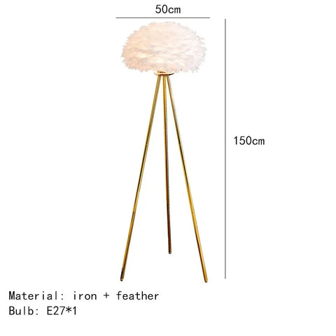 Feather Floor Lamp with Feathered Shade on Tripod in Iron and Feathers