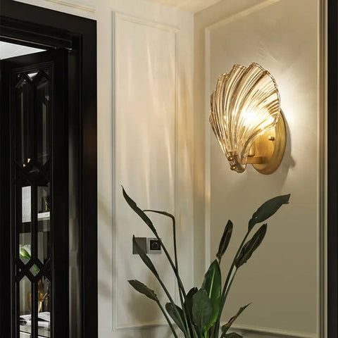 Wall Light with Brass and Glass Seashell Shade