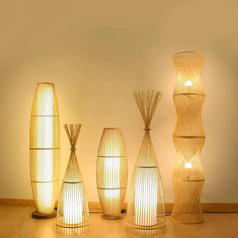 Woven Bamboo Floor Lamp with Woven Tapered Lantern in Bamboo and Iron