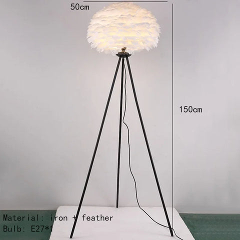 Feather Floor Lamp with Feathered Shade on Tripod in Iron and Feathers