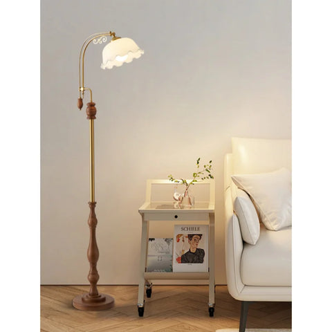 Walnut Floor Lamp with Fabric Shade with Rounded Wood Base and Shade
