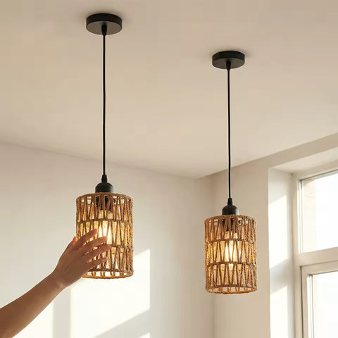 Battery-Operated Woven Rattan Hanging Pendant Light with Remote Control for Indoor and Outdoor Décor