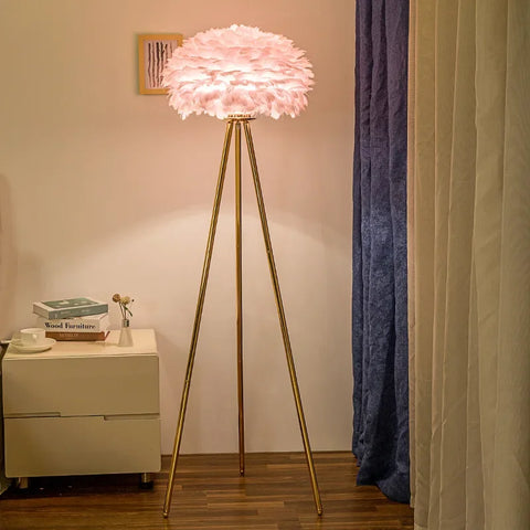 Feather Floor Lamp with Feathered Shade on Tripod in Iron and Feathers