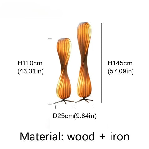 Curved Wooden Floor Lamp with Curved Stem and Shade in Wood and Iron