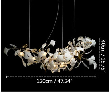 Ginkgo Branch Chandelier with Ceramic Leaf Forms in Metal and Ceramic